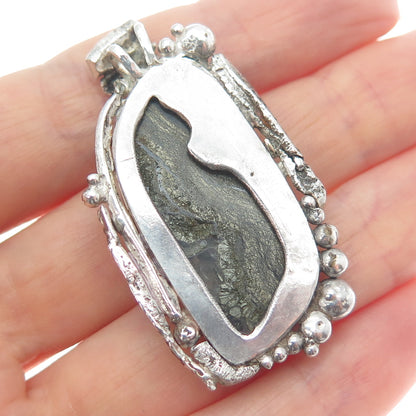 925 Sterling Silver Vintage Real Pyrite Agate Gem Modernist Slide Pendant