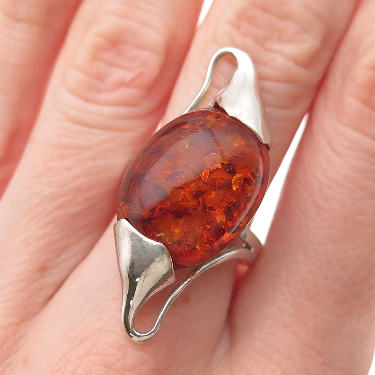 925 Sterling Silver Vintage RJ Czechia Real Amber Modernist Ring Size 7