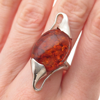 925 Sterling Silver Vintage RJ Czechia Real Amber Modernist Ring Size 7