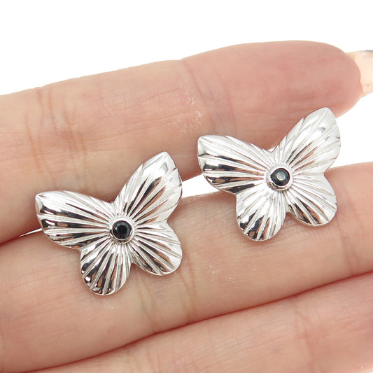 925 Sterling Silver Black C Z Butterfly Ribbed Stud Earrings