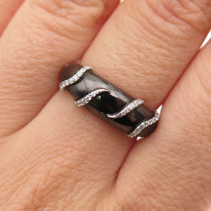 925 Sterling Silver Black Enamel Round-Cut White C Z Ring Size 6.5