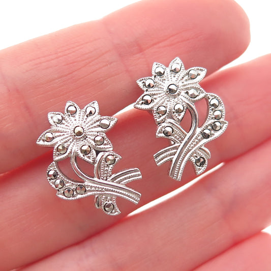 925 Sterling Silver Vintage Real Marcasite Floral Screw Back Earrings