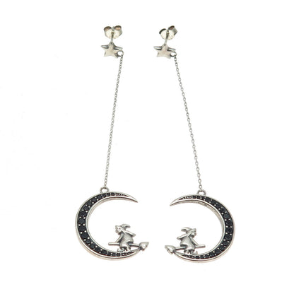 925 Sterling Silver Black Spinel Gem Crescent Moon & Witch Dangling Earrings