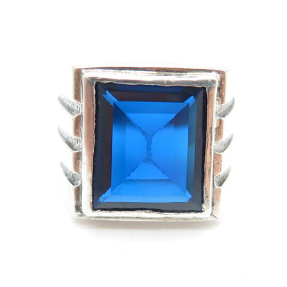 925 Sterling Silver Vintage Lab-Created Sapphire Ribbed Ring Size 7.75