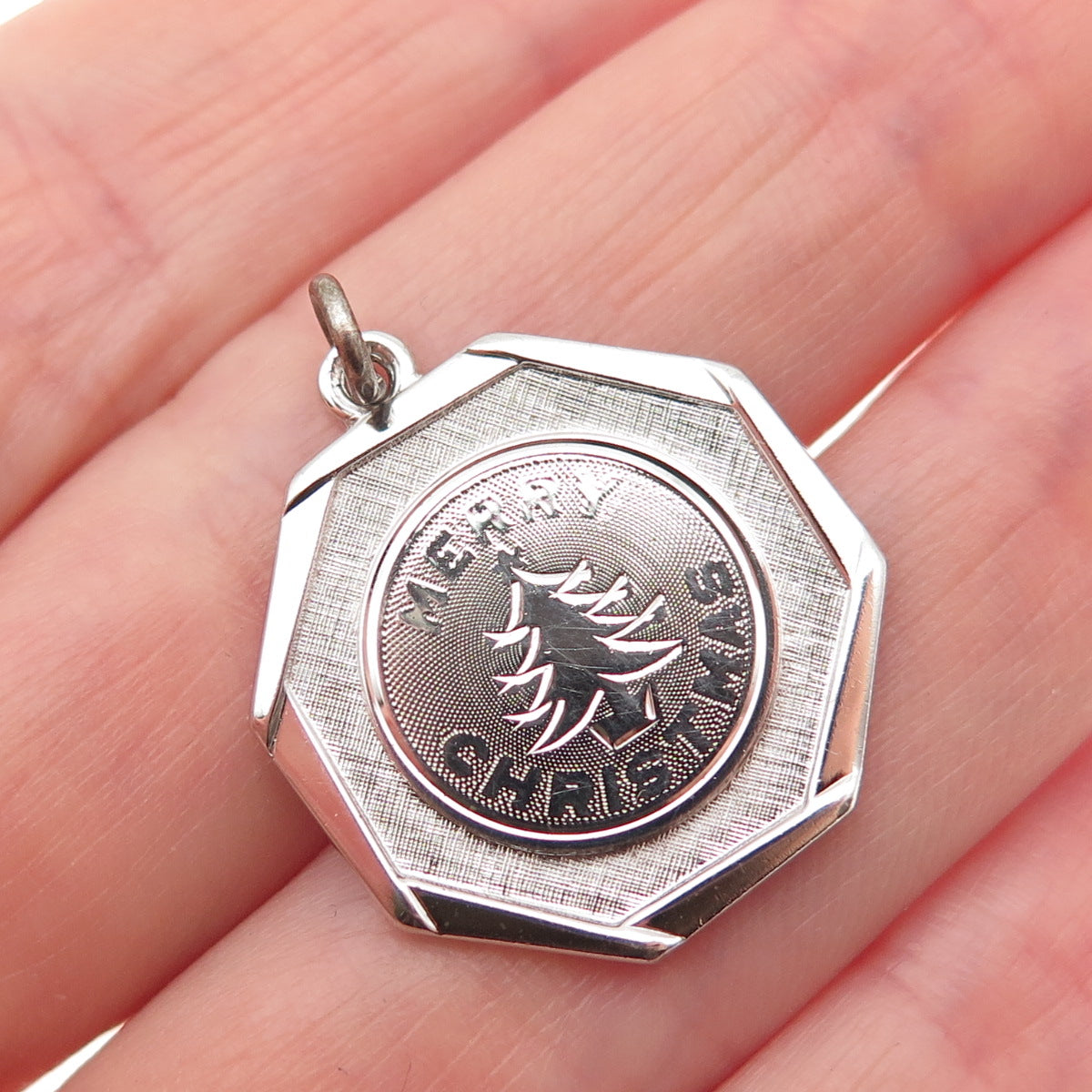 925 Sterling Silver Vintage Engraved Merry Christmas Charm Pendant