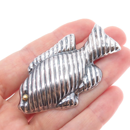 925 Sterling Silver Vintage Mexico Modernist Fish Oxidized Pin Brooch / Pendant