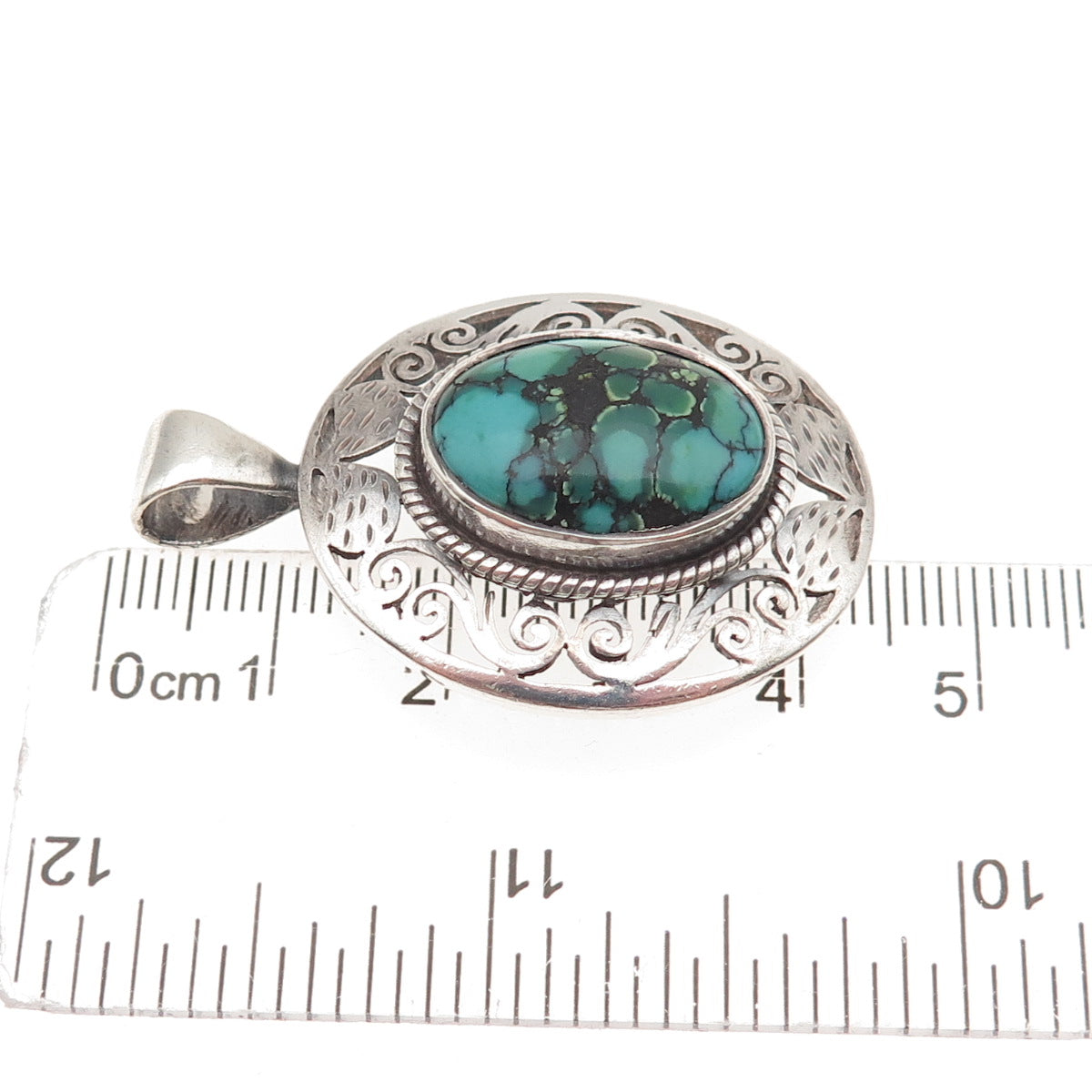 925 Sterling Silver Vintage Real Peacock Turquoise Oxidized Charm Pendant