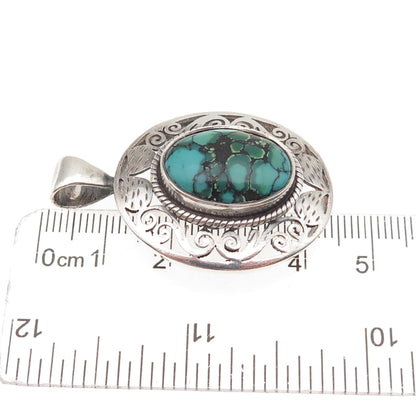 925 Sterling Silver Vintage Real Peacock Turquoise Oxidized Charm Pendant