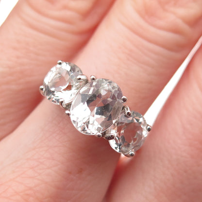 925 Sterling Silver Real Oval & Round-Cut White Topaz Engagement Ring Size 7