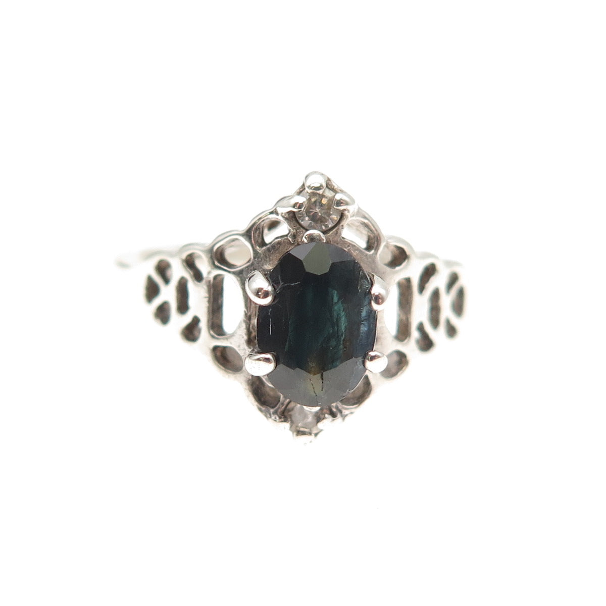 925 Sterling Silver Vintage Real Sapphire & C Z Oxidized Ring Size 6