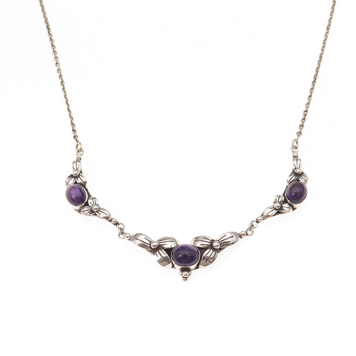 925 Sterling Silver Vintage Real Amethyst Floral Cable Chain Necklace 18"