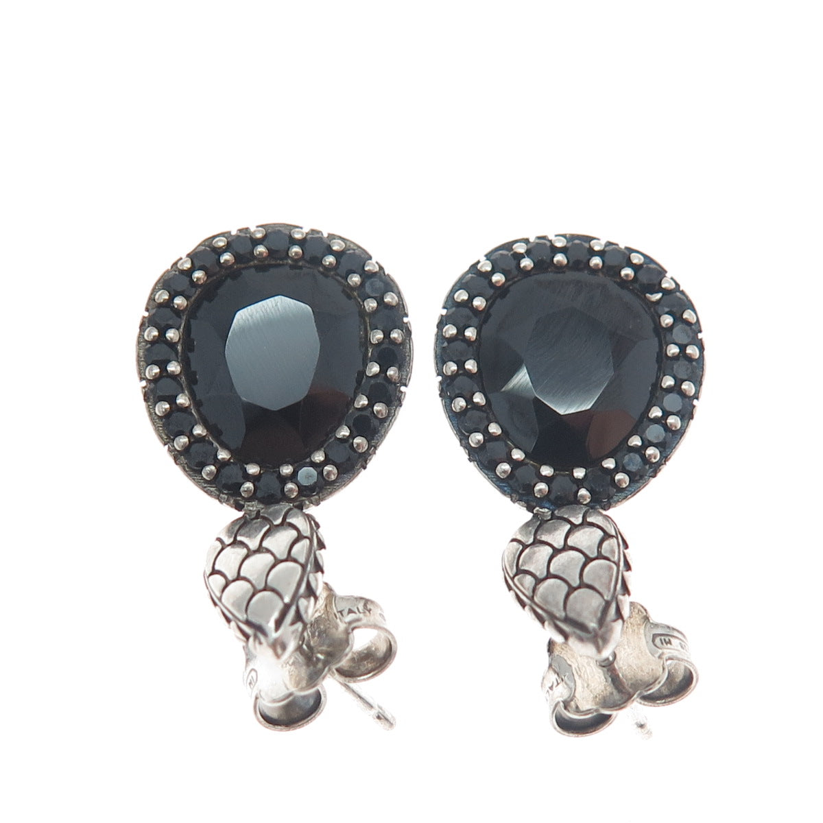 925 Sterling Silver Vintage Italy Real Black Spinel Gem Dangle Oxidized Earrings