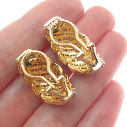 SUN 925 Sterling Silver Gold Plated Real White Diamond Wavy Omega Back Earrings
