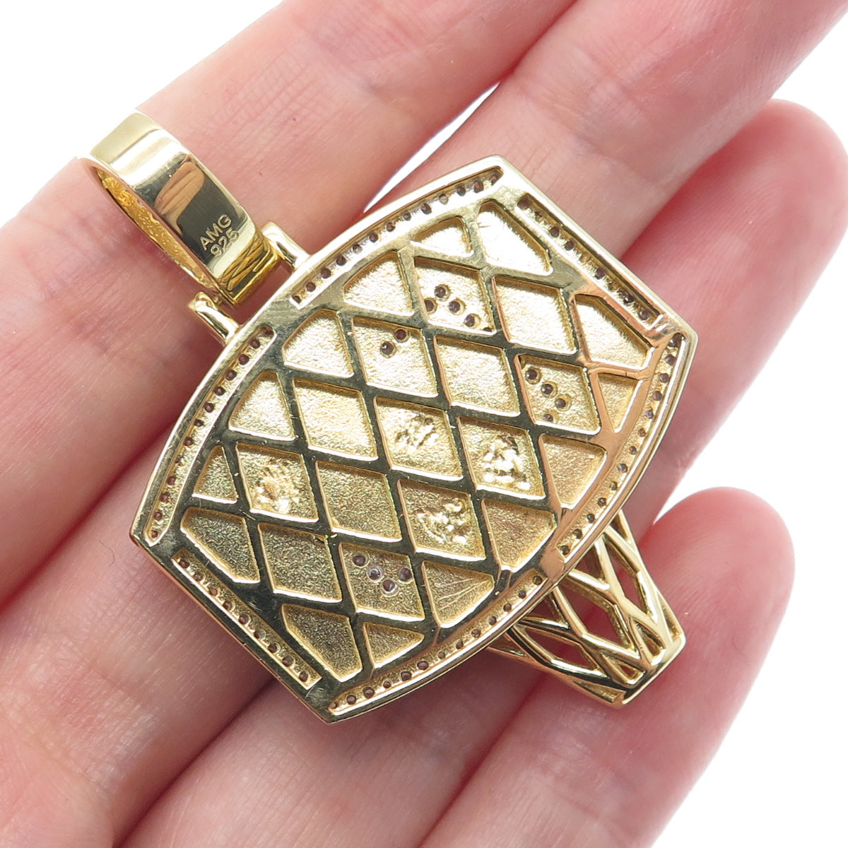 925 Sterling Silver Gold Plated Round-Cut C Z Basketball Hoop Pendant