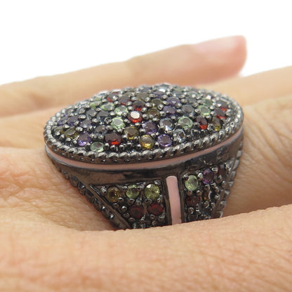 925 Sterling Silver Black Rhodium Enamel Real Multi-Color Sapphire Ring Size 7