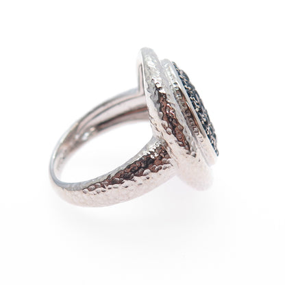 925 Sterling Silver Real Round-Cut Black Spinel Hammered Ring Size 6.25