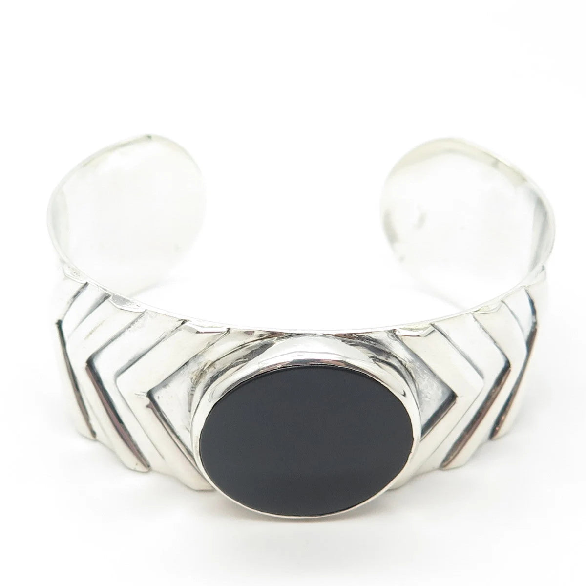 925 Sterling Silver Vintage Real Black Onyx Gem Geometric Cuff Bracelet 6.5"