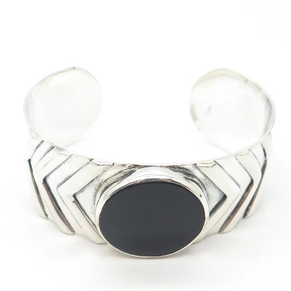 925 Sterling Silver Vintage Real Black Onyx Gem Geometric Cuff Bracelet 6.5"