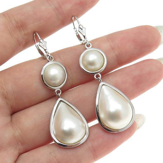 925 Sterling Silver Real Round & Pear Pearl Dangling Earrings