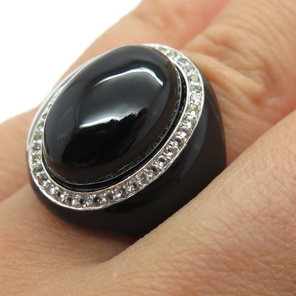 925 Sterling Silver Enamel Real Black Onyx & White Topaz Ring Size 7.25