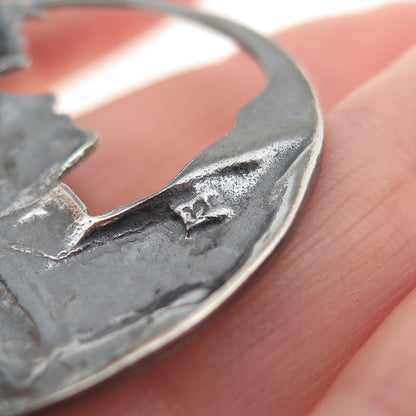 925 Sterling Silver Vintage Floral Lady Oxidized Pin Brooch