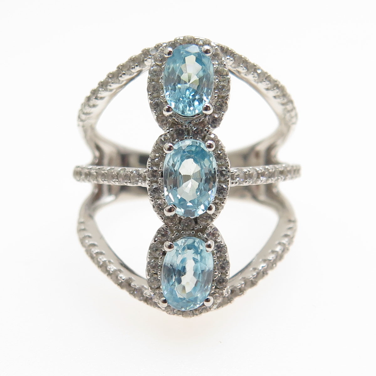 925 Sterling Silver Real Blue & White Topaz 3-Row Spine Ring Size 7.25