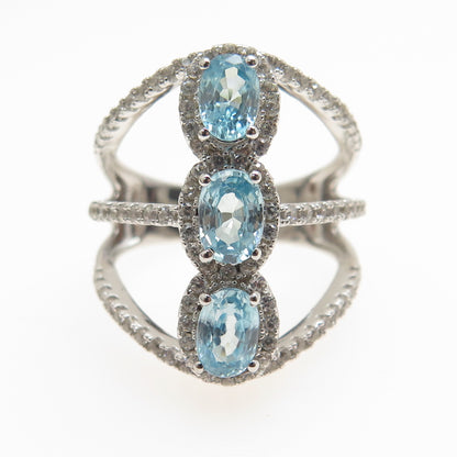 925 Sterling Silver Real Blue & White Topaz 3-Row Spine Ring Size 7.25