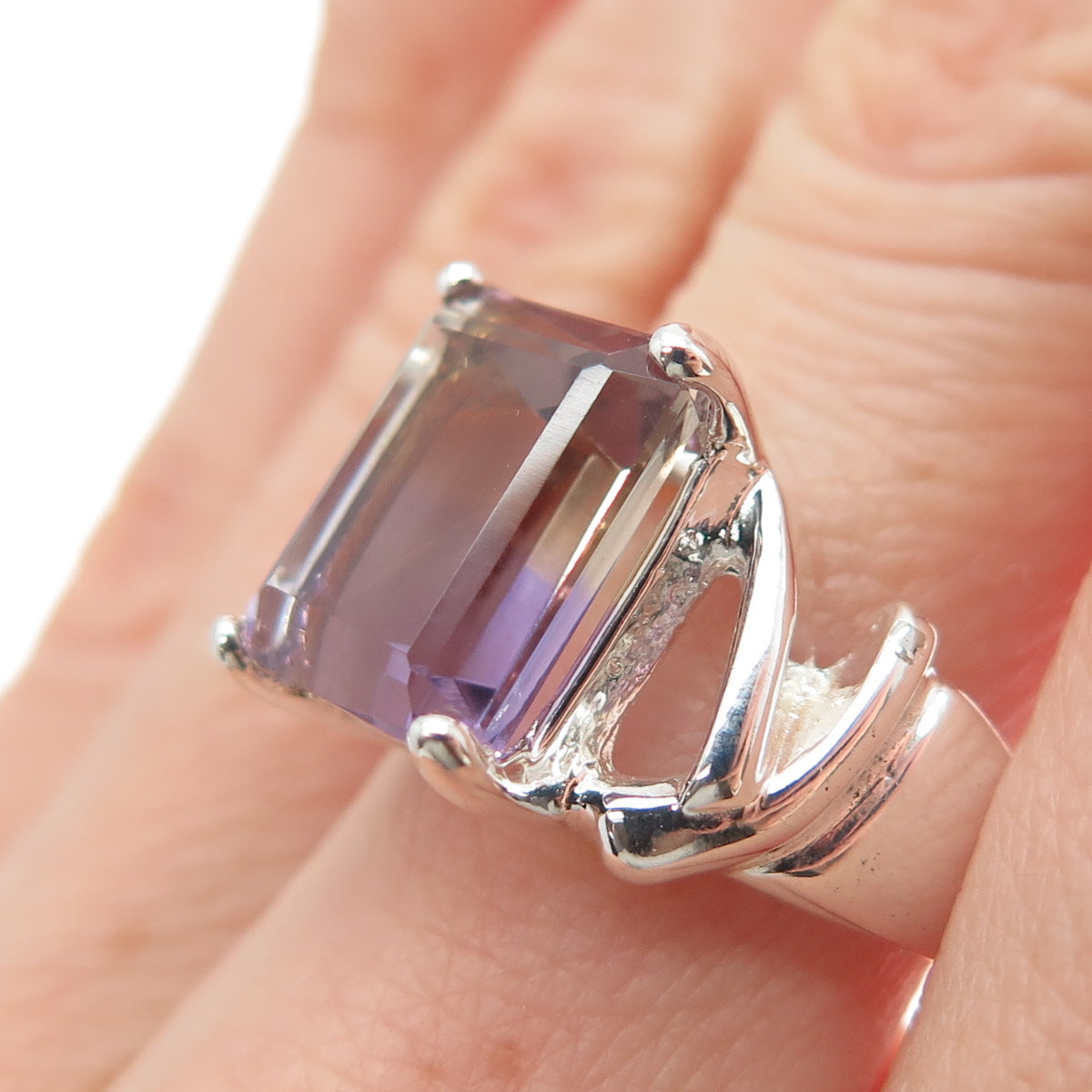 925 Sterling Silver Vintage Real Emerald-Cut Ametrine Ring Size 7