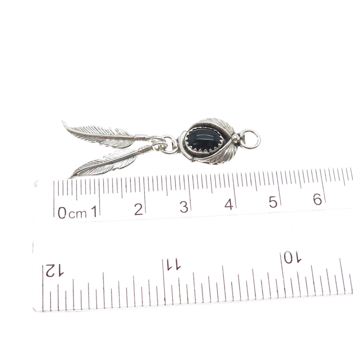 Benjamin James Navajo Old Pawn 925 Sterling Vintage Black Onyx Feather Pendant