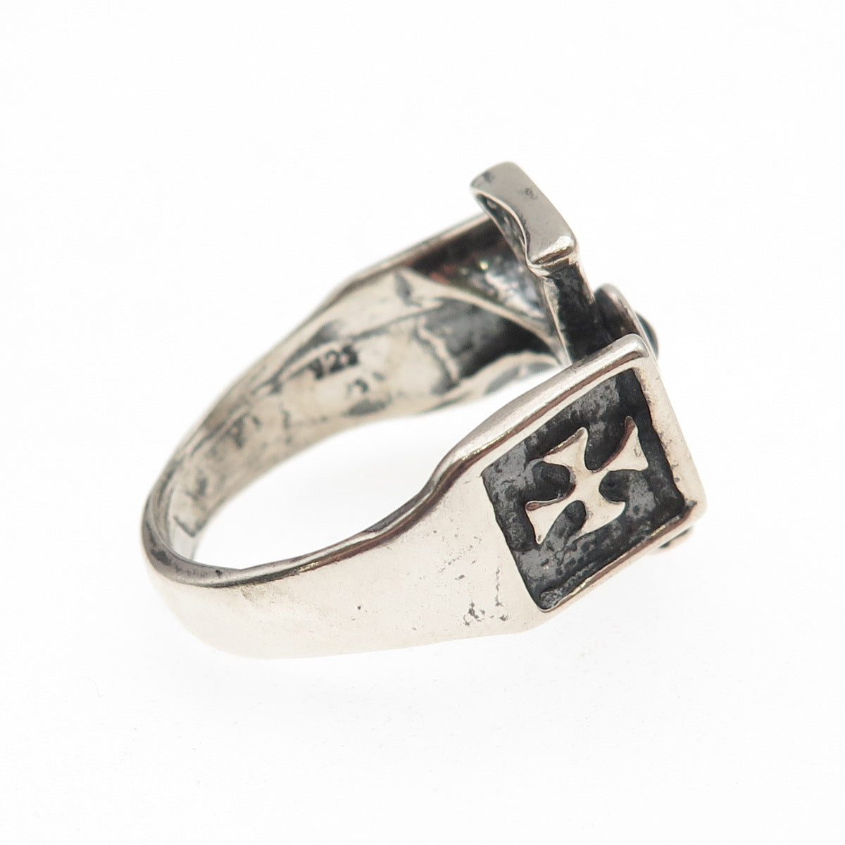 925 Sterling Silver Vintage Real Rhodolite Gothic Cross Oxidized Ring Size 12