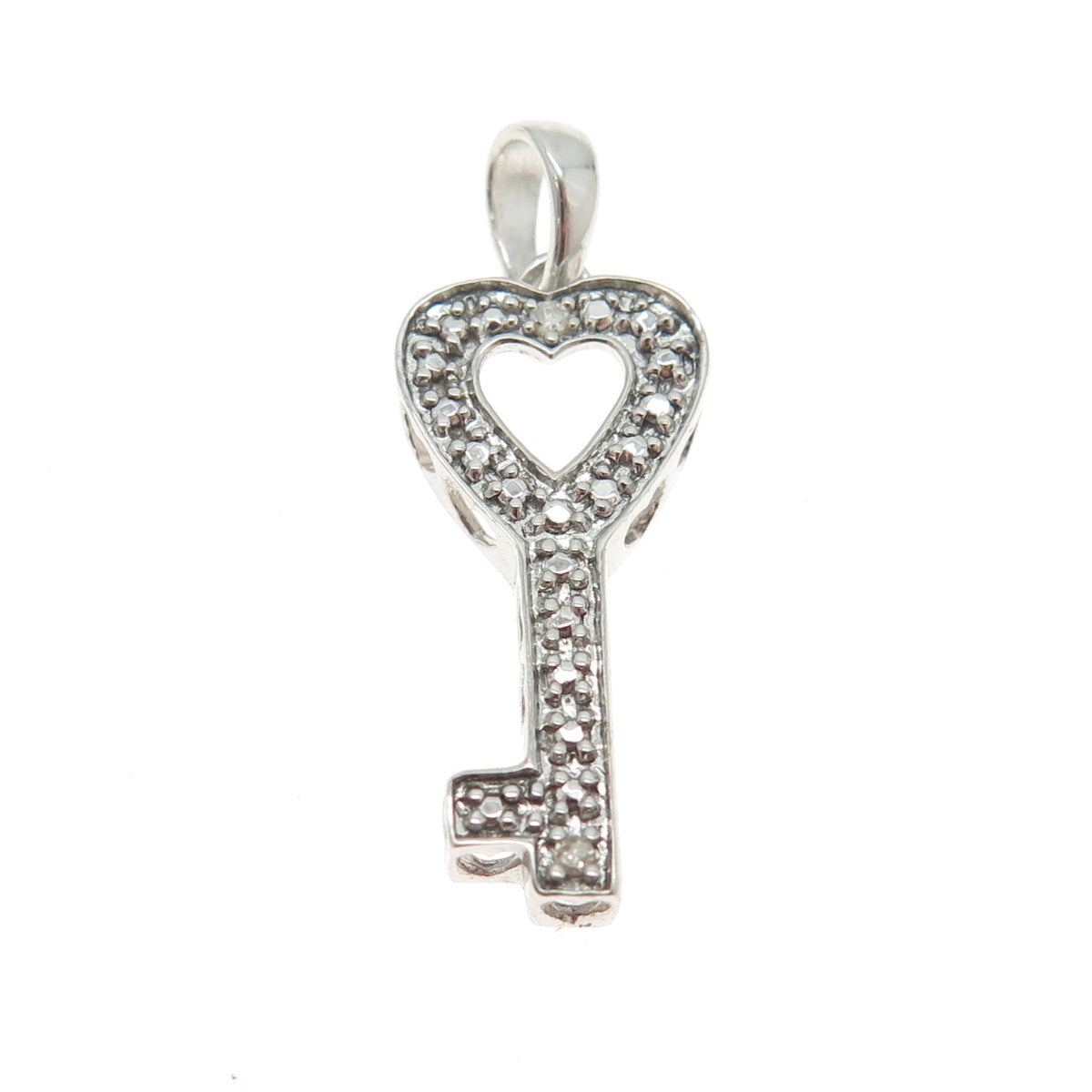 925 Sterling Silver Real Round-Cut Diamond Heart Key Minimalist Charm Pendant