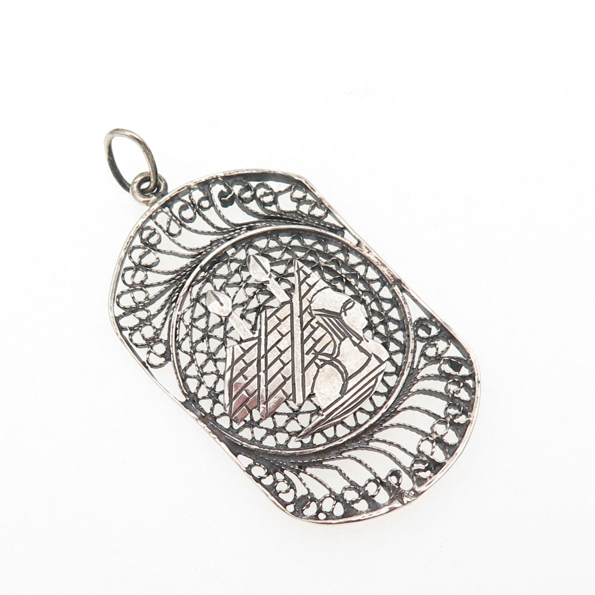 925 Sterling Silver Vintage Egyptian Pyramid Filigree Oxidized Charm Pendant
