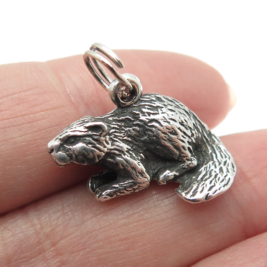 925 Sterling Silver Vintage Beaver Oxidized Minimalist 3D Charm Pendant