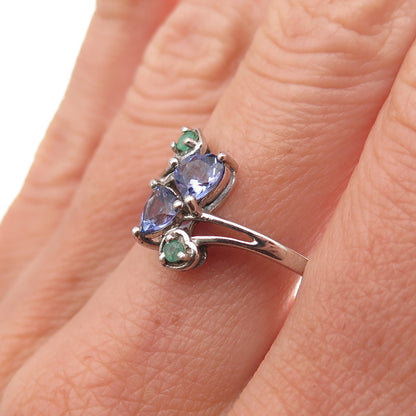 Chuck Clemency 925 Sterling Silver Real Tanzanite & Emerald Heart Ring Size 8.25