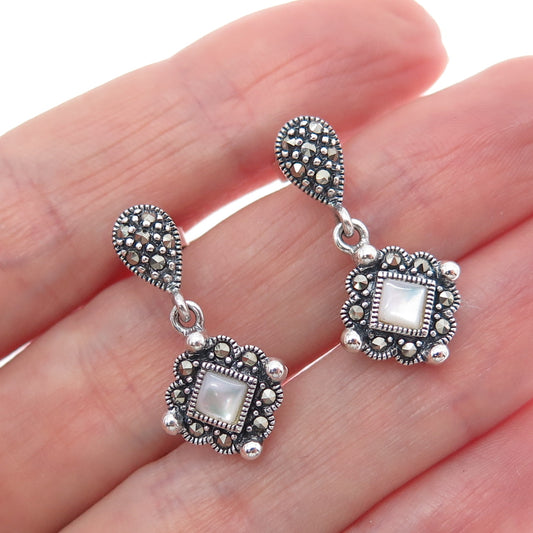 Ross Simons 925 Sterling Silver Vintage Real MOP & Marcasite Dangle Earrings