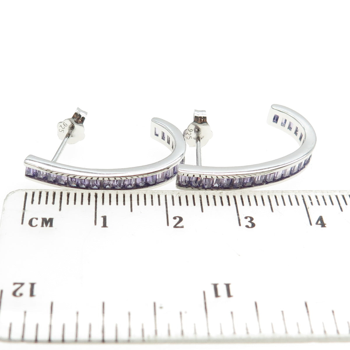 925 Sterling Silver Baguette-Cut Purple C Z Claw Earrings