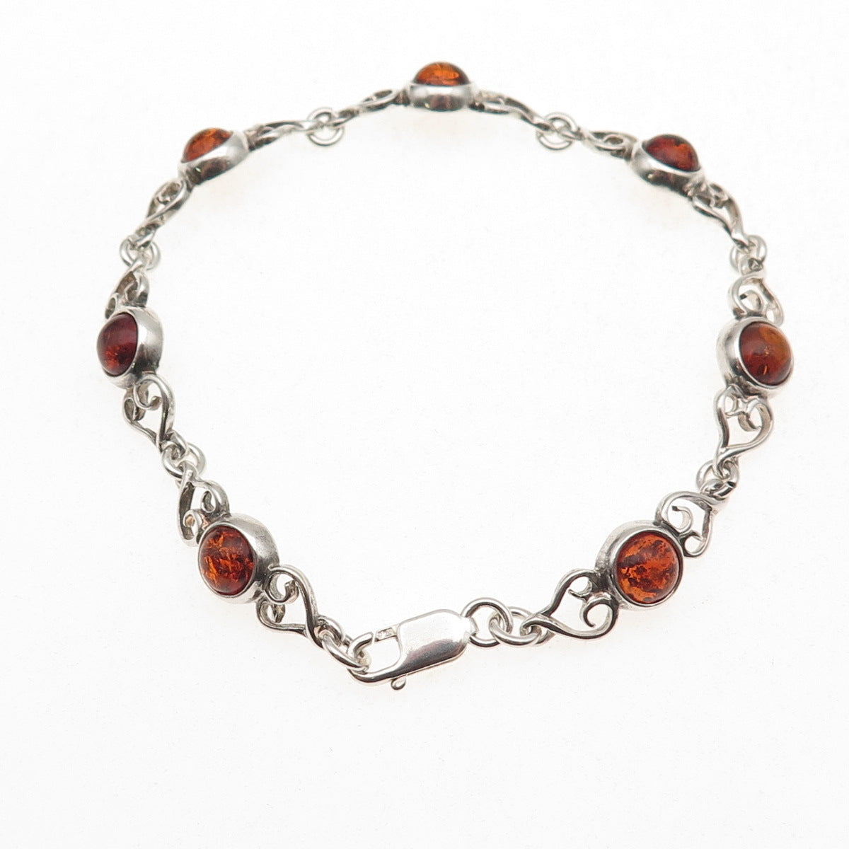 925 Sterling Silver Vintage Real Amber Heart Oxidized Bracelet 6.75"