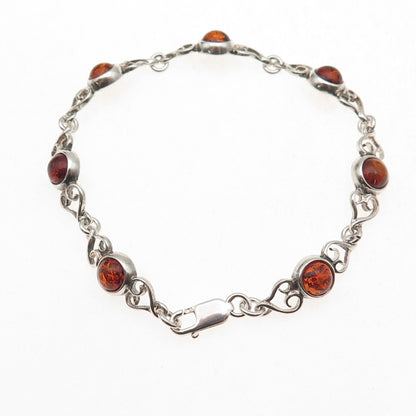 925 Sterling Silver Vintage Real Amber Heart Oxidized Bracelet 6.75"