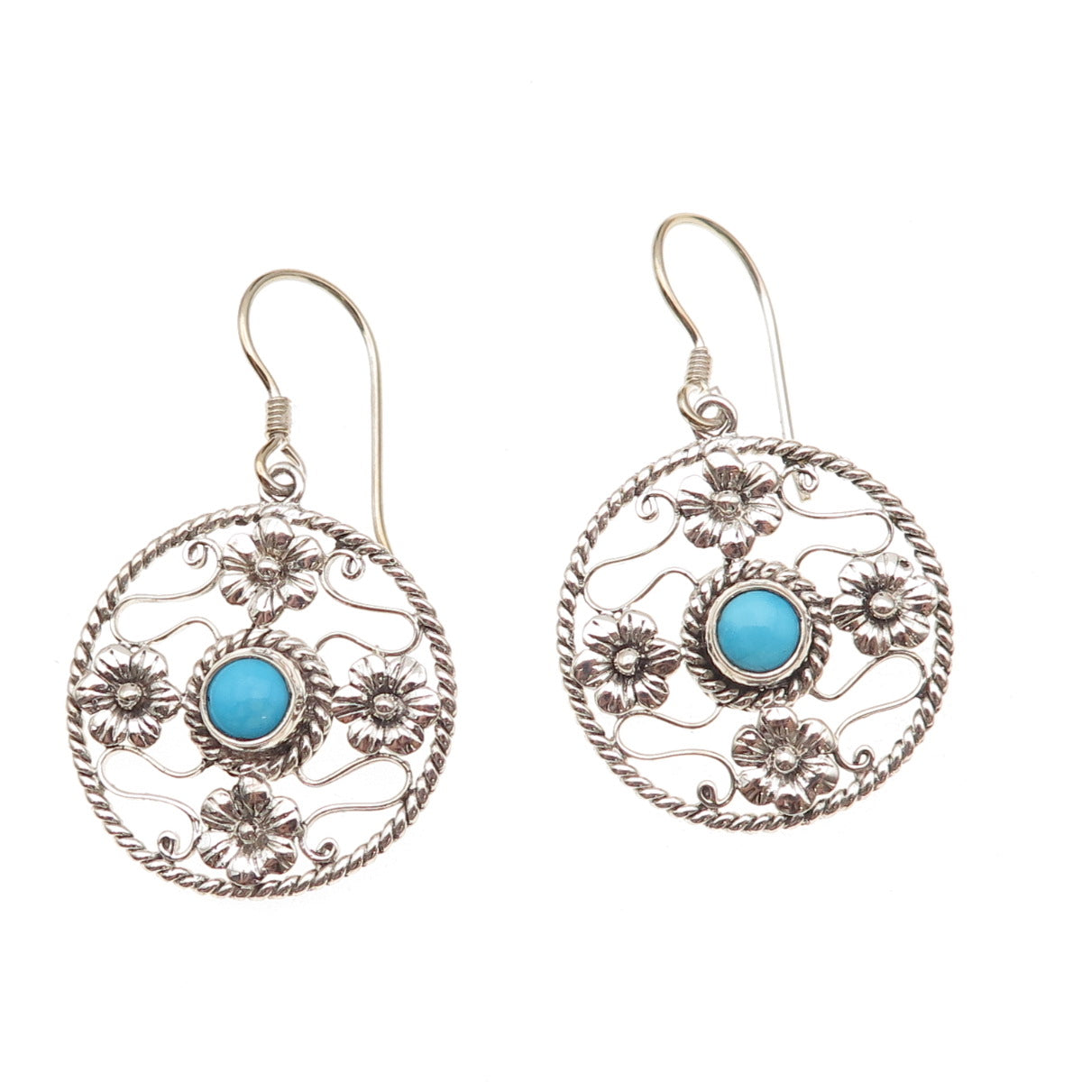 925 Sterling Silver Vintage Real Turquoise Floral Oxidized Dangle Earrings