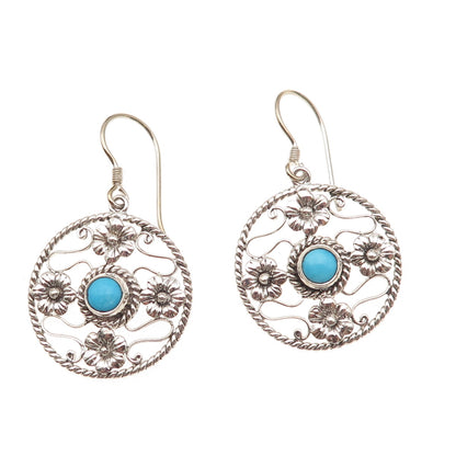 925 Sterling Silver Vintage Real Turquoise Floral Oxidized Dangle Earrings