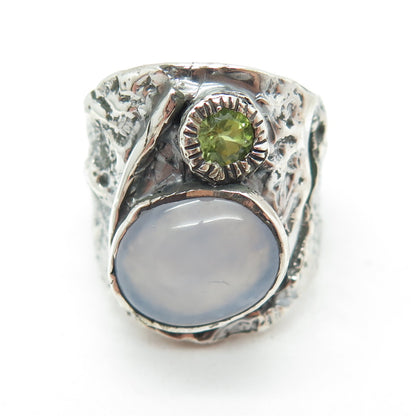 925 Sterling Silver Vintage Real Chalcedony & Peridot Modernist Ring Size 8.75