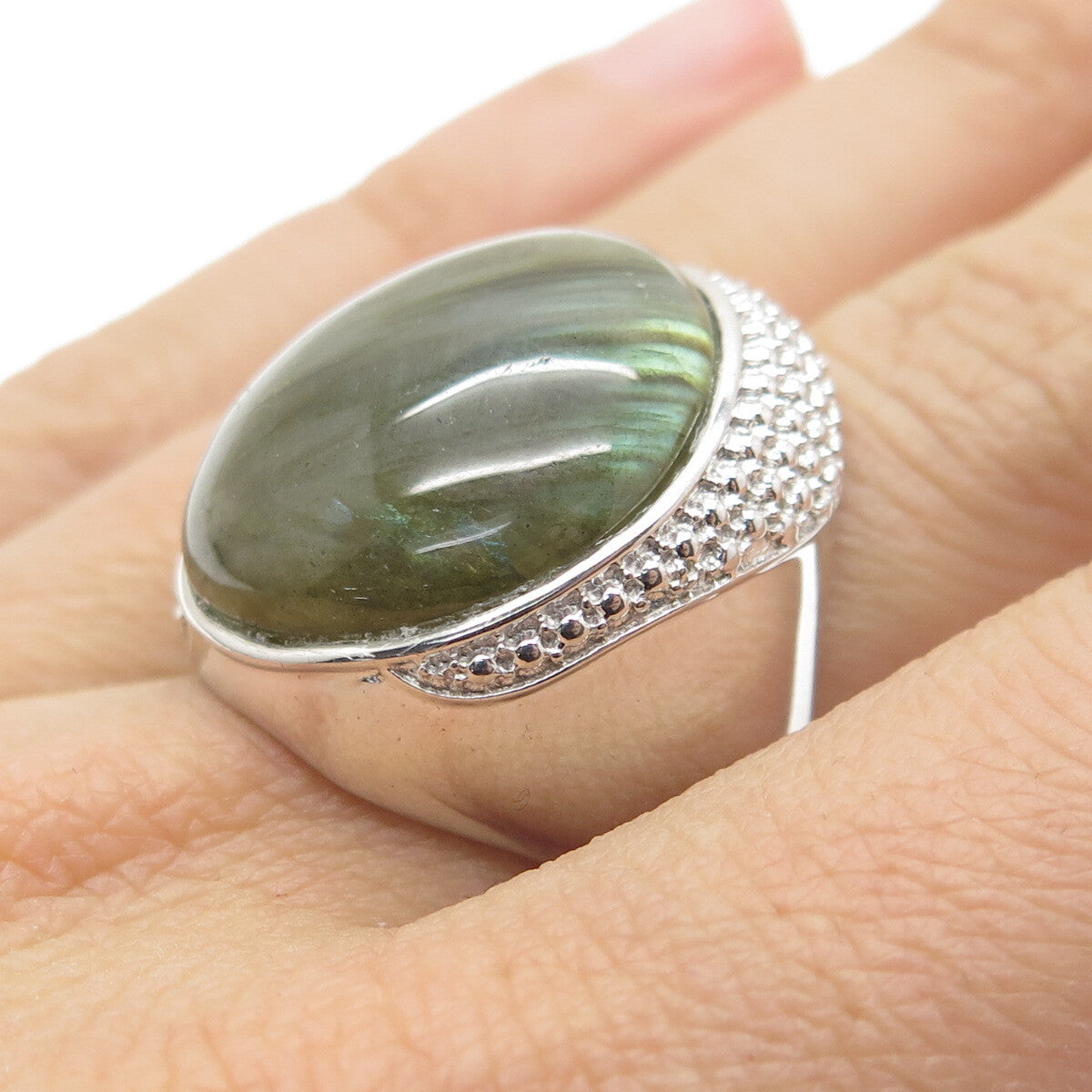 DSMK 925 Sterling Silver Real Labradorite Granulated Ring Size 7.25