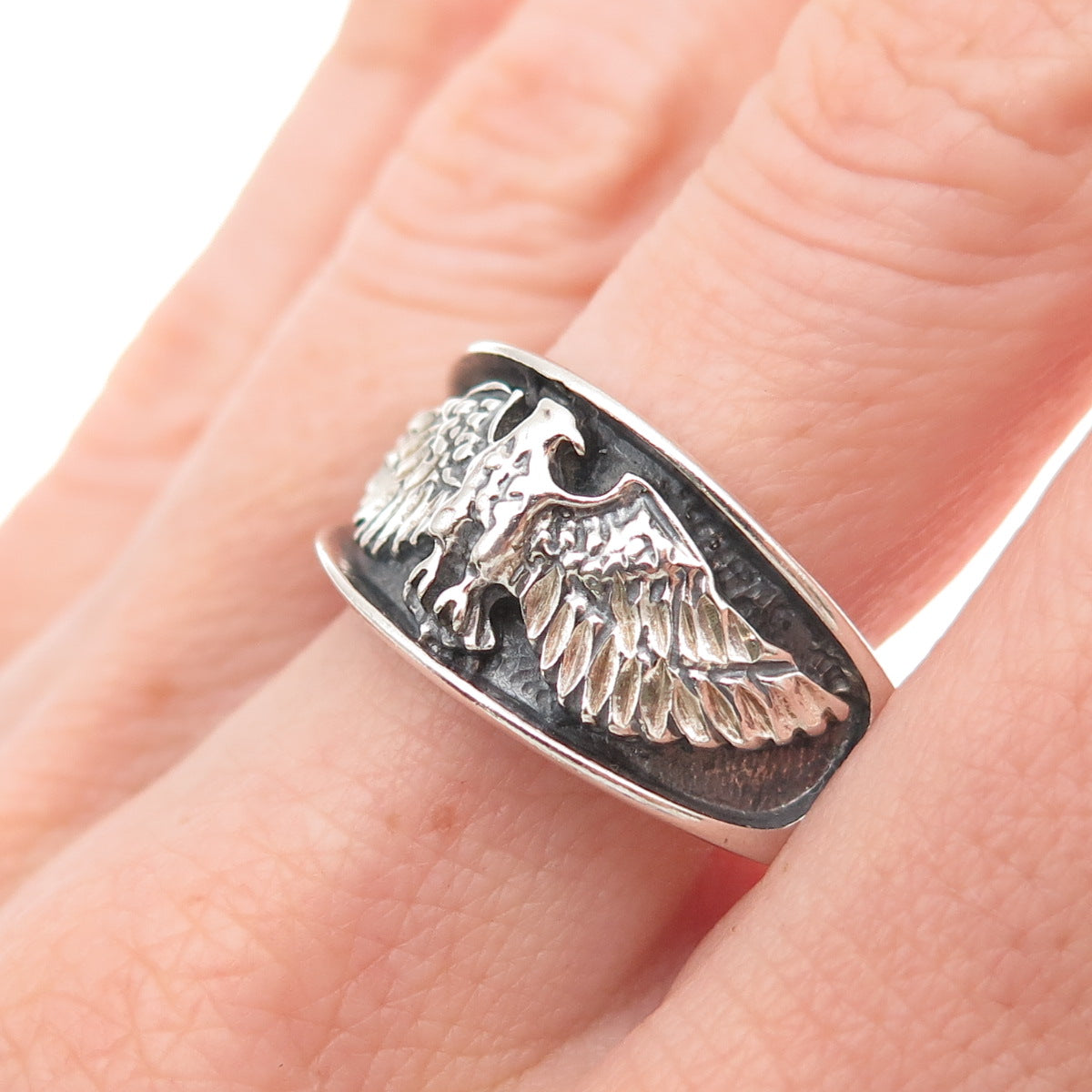 Ted Ott 925 Sterling Silver Vintage Eagle Oxidized Ring Size 11