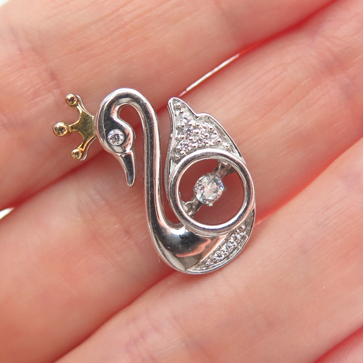925 Sterling Silver 2-Tone Round-Cut Shaped C Z Swan w/Crown Slide Pendant
