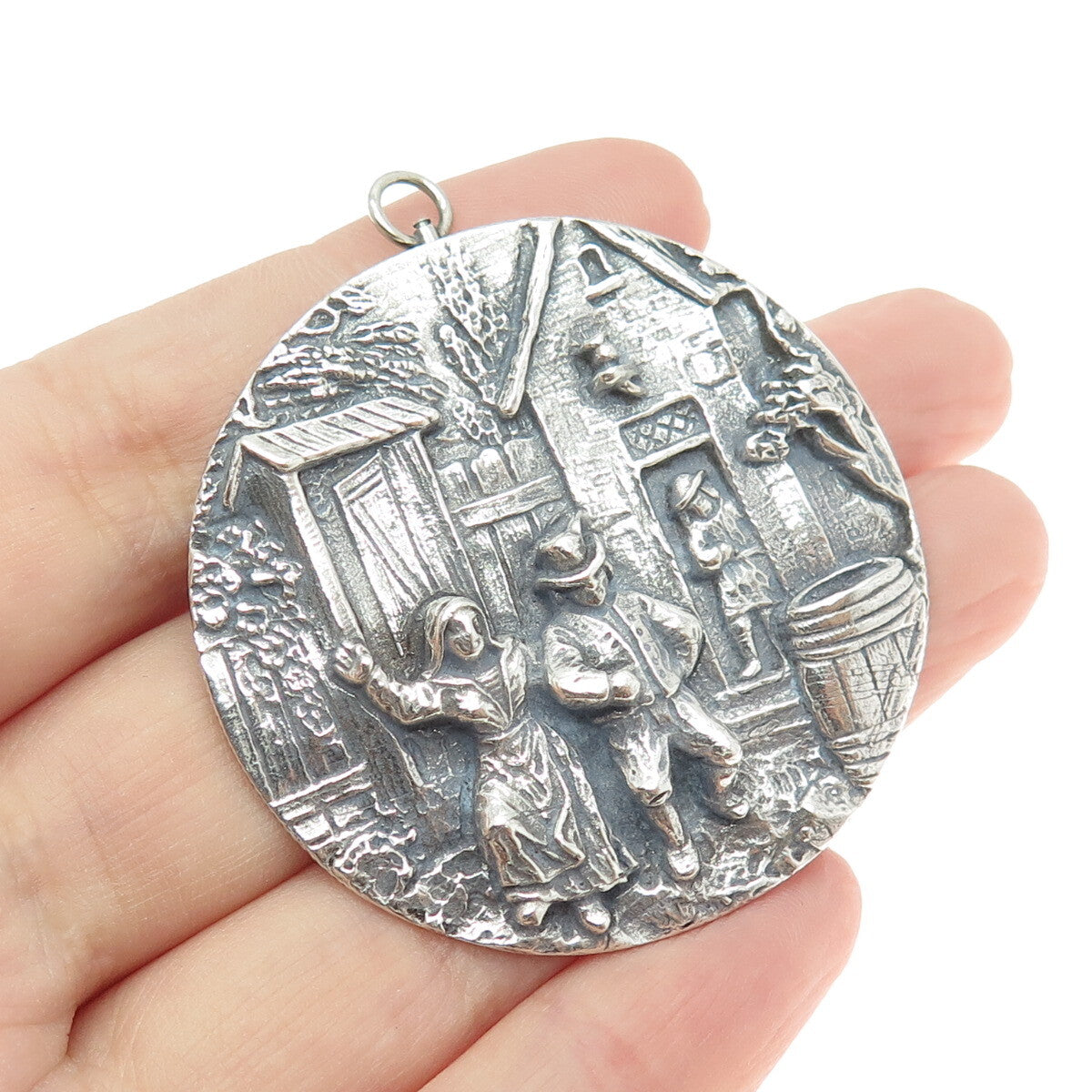 925 Sterling Silver Antique Art Deco Storyteller Oxidized Pin Brooch / Pendant