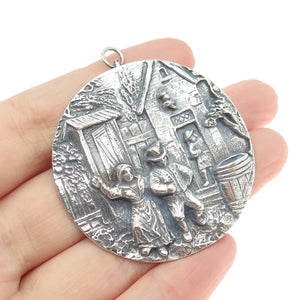 925 Sterling Silver Antique Art Deco Storyteller Oxidized Pin Brooch / Pendant