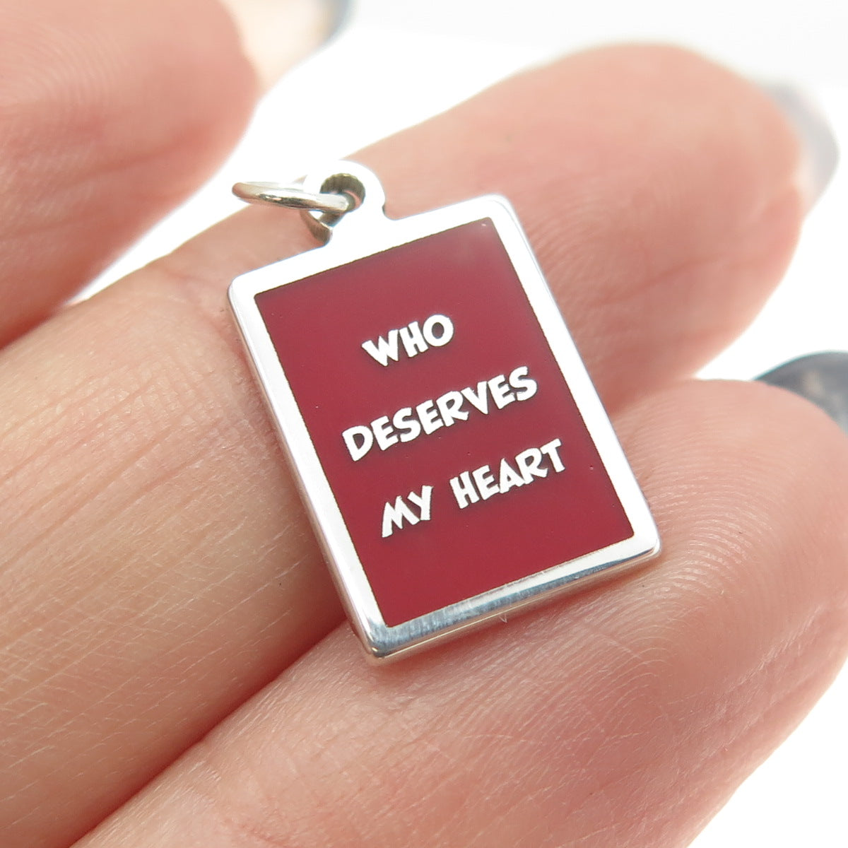 925 Sterling Silver Red Enamel "Who Deserves My Heart" Minimalist Charm Pendant