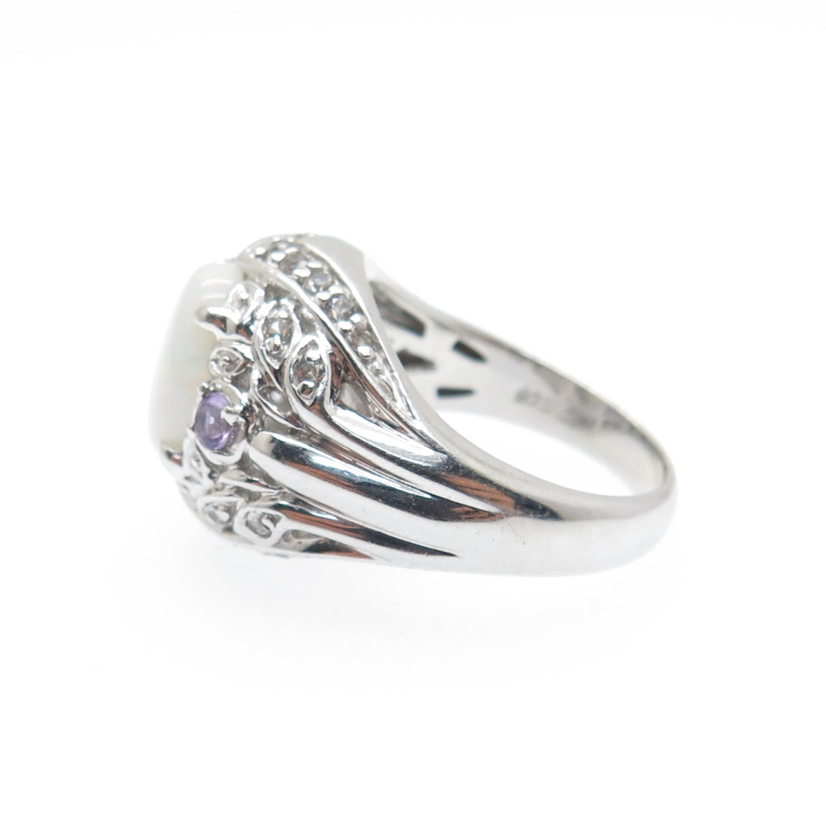 925 Sterling Silver Real Opal Amethyst & White Topaz Floral Ring Size 6.25