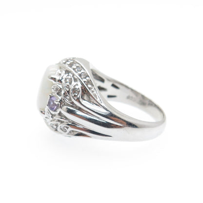 925 Sterling Silver Real Opal Amethyst & White Topaz Floral Ring Size 6.25