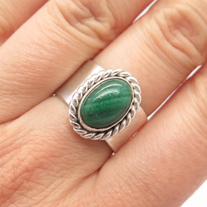 925 Sterling Silver Vintage Real Malachite Gem Twisted Oval Ring Size 7
